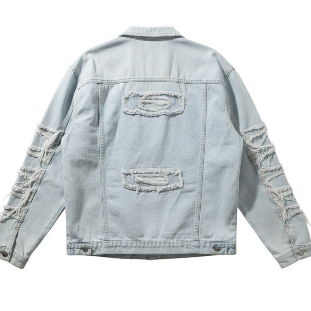 Distressed Denim Trucker Jacket Mens XL Light Blue Ripped Frayed Streetwear - Picture 2 of 6